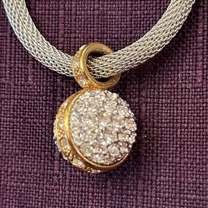 Vintage silver mesh toggle necklace round rhinestone encrusted ball pendant gold